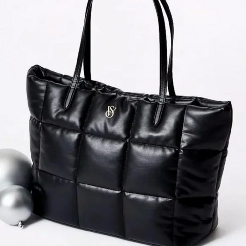 NWT Victoria’s Secret Faux Leather Quilted Puffer Tote Black W/ Gold Logo